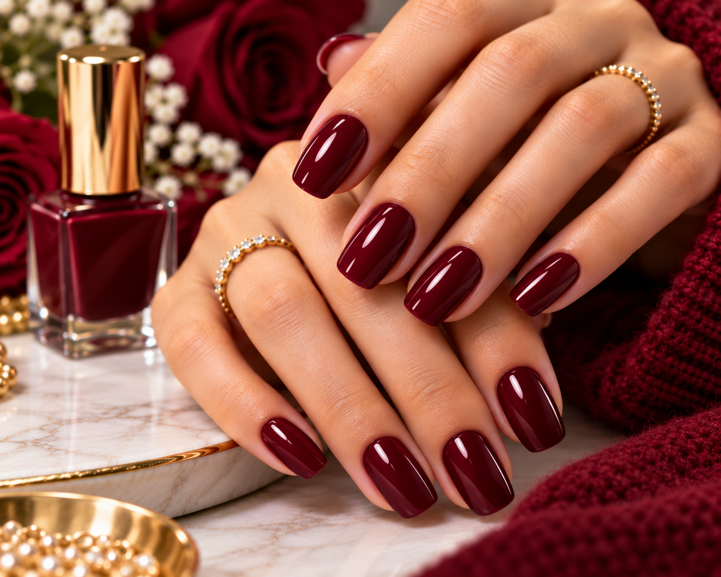 Glossy burgundy wine-red manicure with elegant oval-shaped nails and delicate gold rings