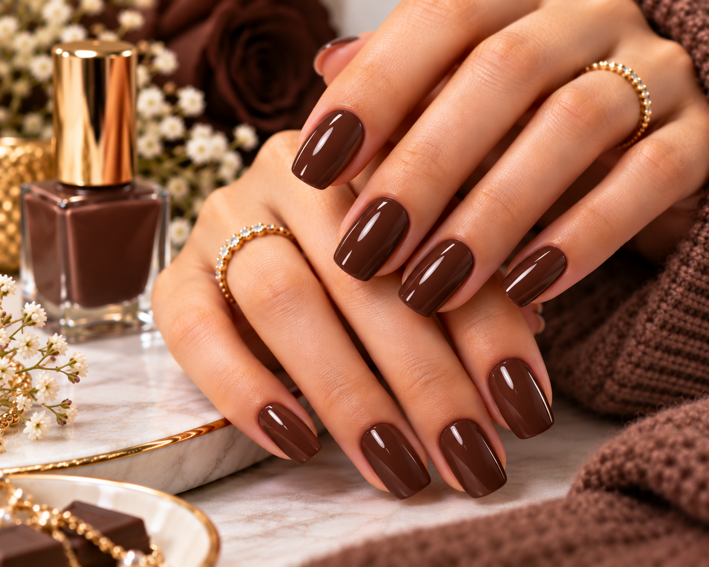 Glossy chocolate brown manicure with elegant square-shaped nails and delicate gold rings
