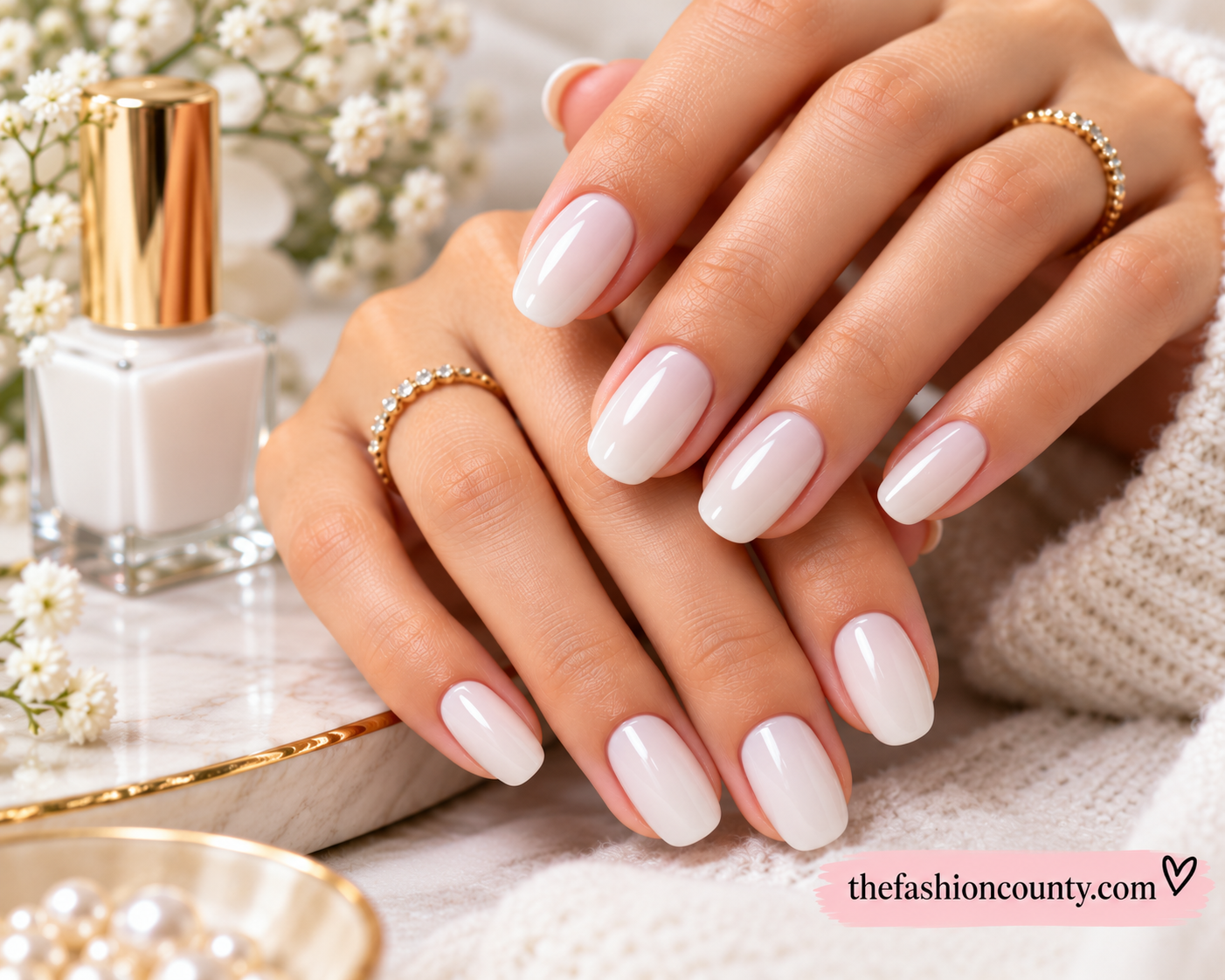 Milky white glossy manicure with elegant almond-shaped nails and delicate gold rings