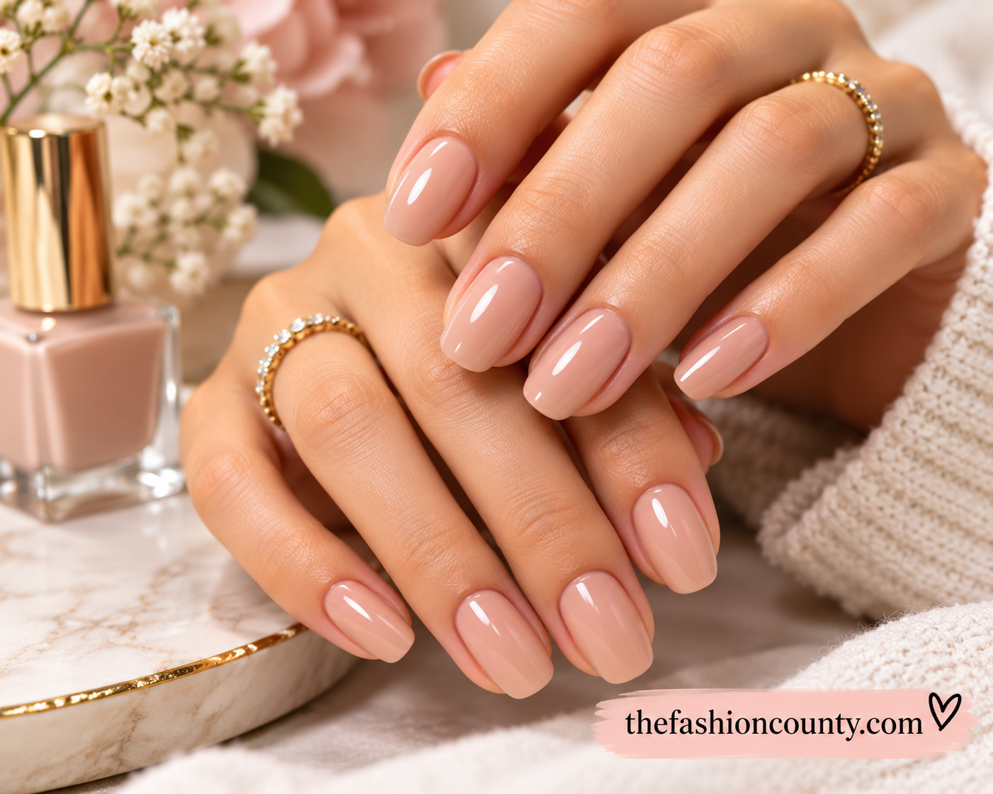 Elegant nude beige glossy manicure with oval-shaped nails and delicate gold rings