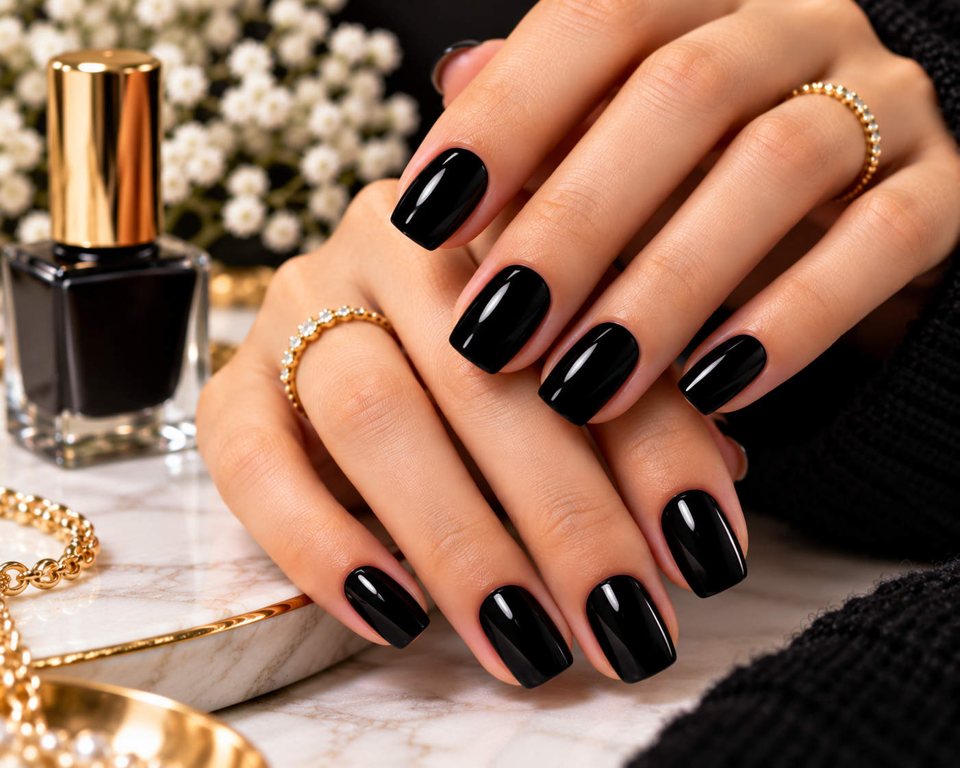 Glossy black manicure with short square-shaped nails and elegant gold rings