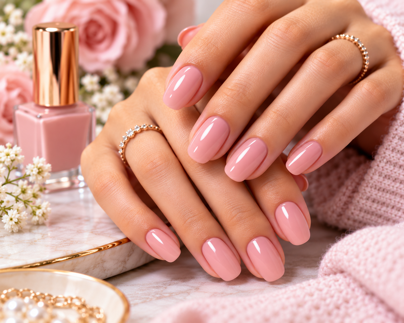 Soft blush pink glossy manicure with oval-shaped nails and delicate gold rings