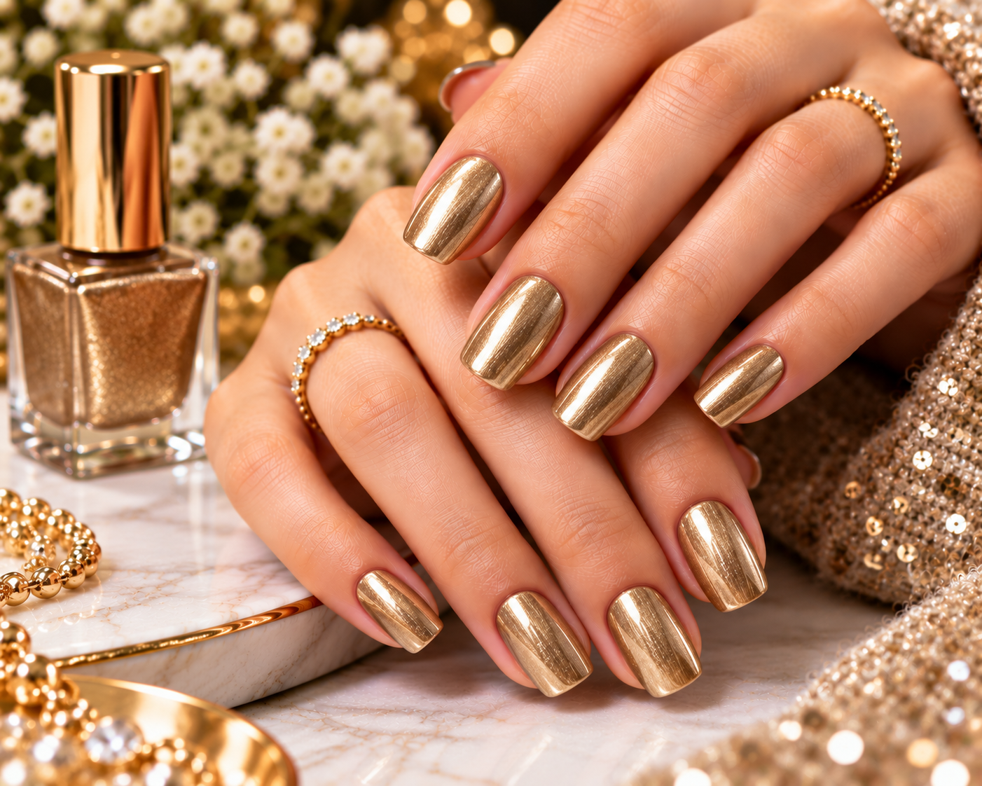 Glossy metallic champagne gold manicure with elegant square-shaped nails and sparkling gold jewelry