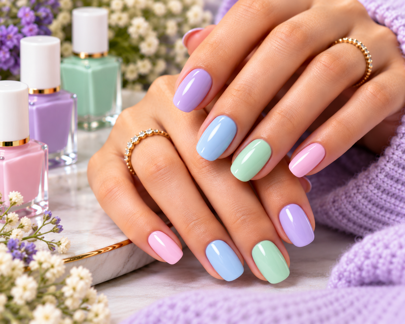 Pastel manicure featuring glossy lavender, baby blue, mint green, and pink nail polish