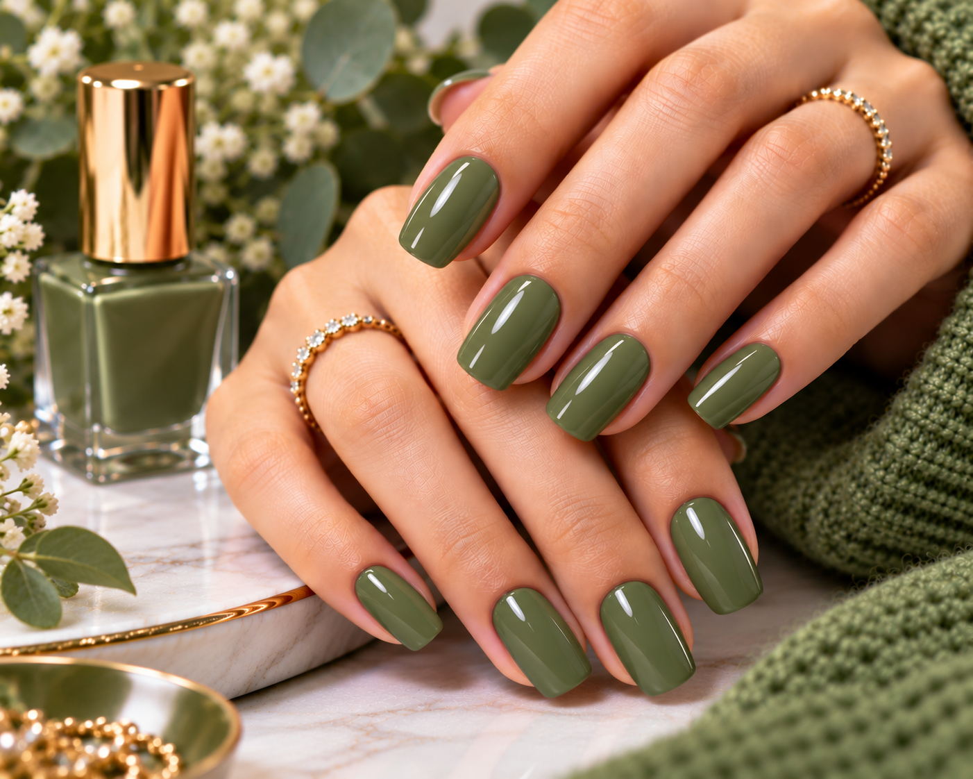 Glossy sage green olive manicure with square-rounded nails and delicate gold rings